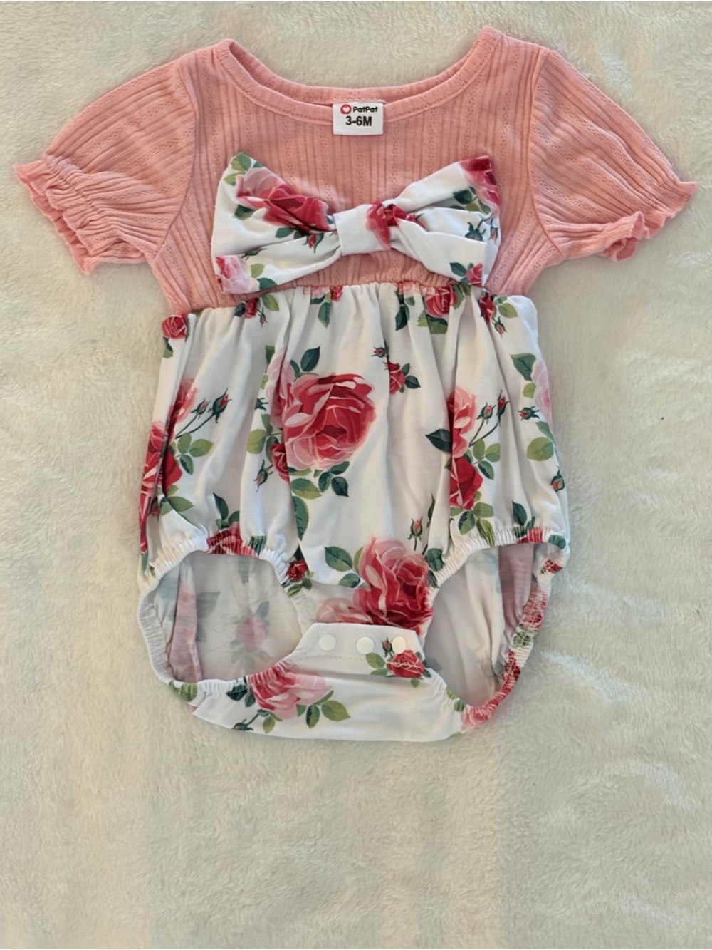 PatPat Pink Top White Floral Bow Baby Romper